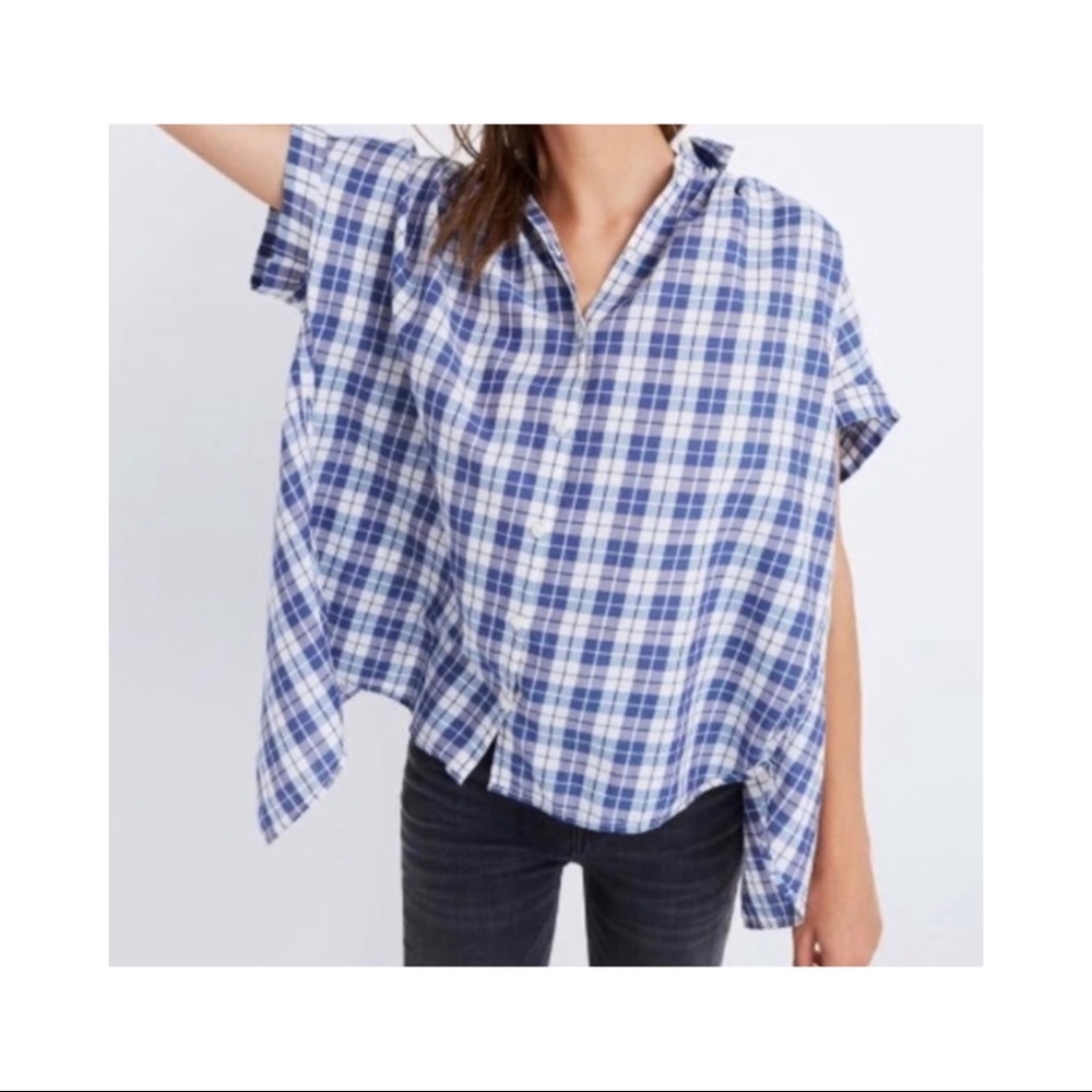 Madewell open back blue & white plaid button top